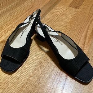 Ferragamo chunked heel sandal. Good used condition. Fabric upper. Size 7 1/2B.